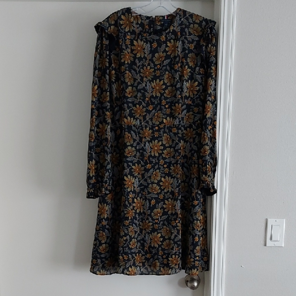 Tommy Hilfiger Blue and Gold A-line Dress with Bishop Sleeves